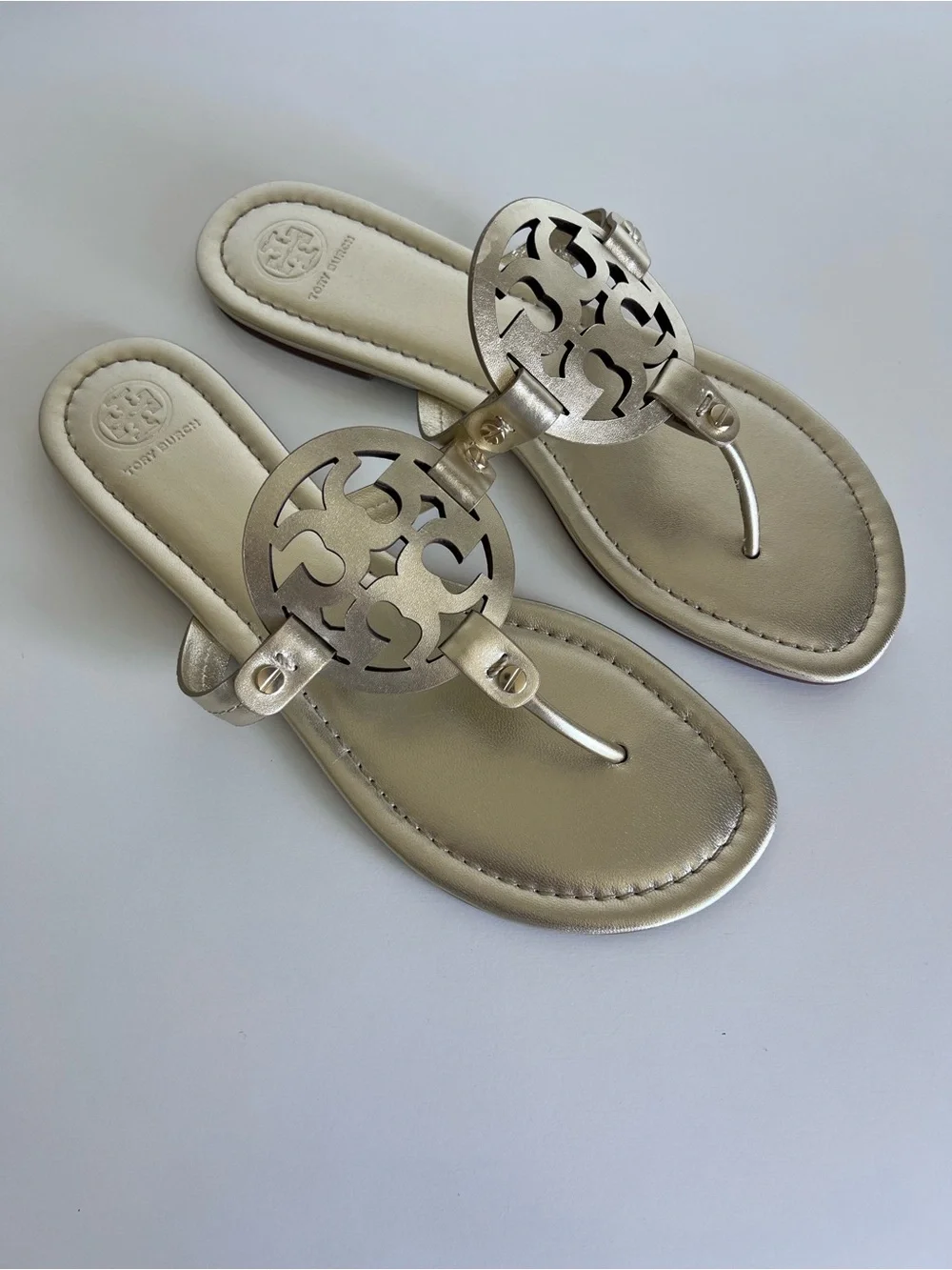 Tory Burch Women's Miller Sandals Metallic Gold Logo Slides Thongs Leather